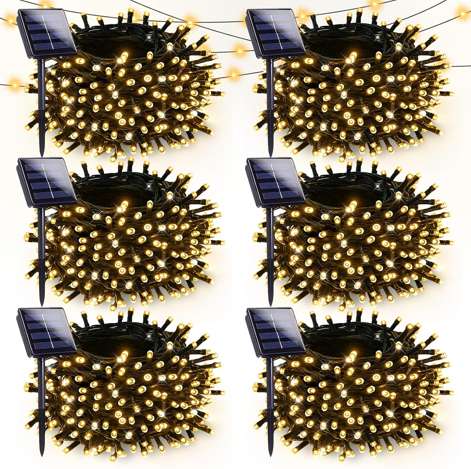 6 Pack Solar Christmas Lights Outdoor Waterproof, 600 LED 198 FT Solar Powered String Lights Outdoor with Green Wire 8 Lighting Modes, Mini LED Xmas Tree Light for Fence Party Decorations, Warm White