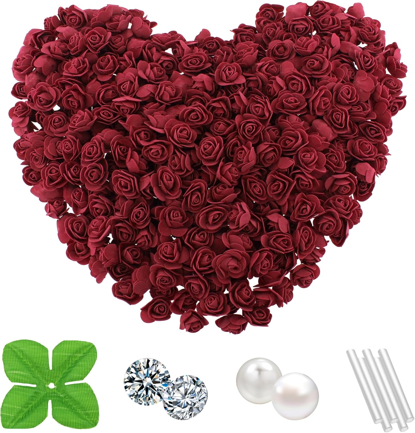 500 Pcs 1.4 Inch Mini Artificial Flowers Head Bulk 5 in 1 Set Faux Foam Fake Small Rose Tiny Baby Flores Bouquet Cake Gift Home Decoration DIY Craft (Wine Red, Burgundy)