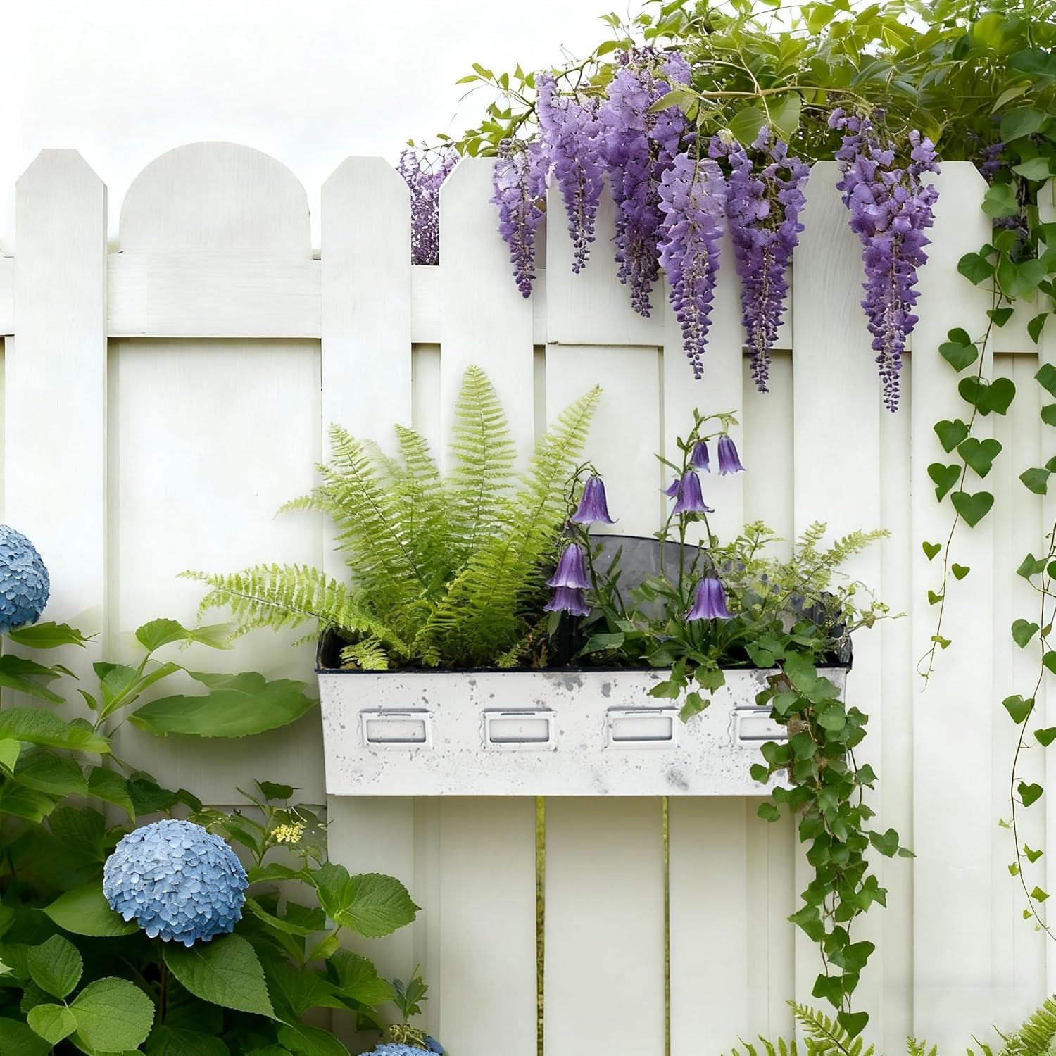 Vintage Metal Hanging Flower Pot Rustic Wall Mounted Planter with 4 Compartment Farmhouse Plants Holder Succulents Tubs for Garden Railing Fence Patio Yard Outdoor Decor