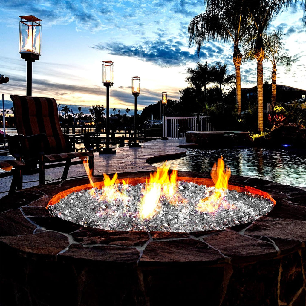 Mr. Fireglass 10 Pounds Fire Glass - 1/2 Inch High Luster Reflective Tempered Glass Rocks for Fireplace Fire Pit Table and Landscaping, Platinum