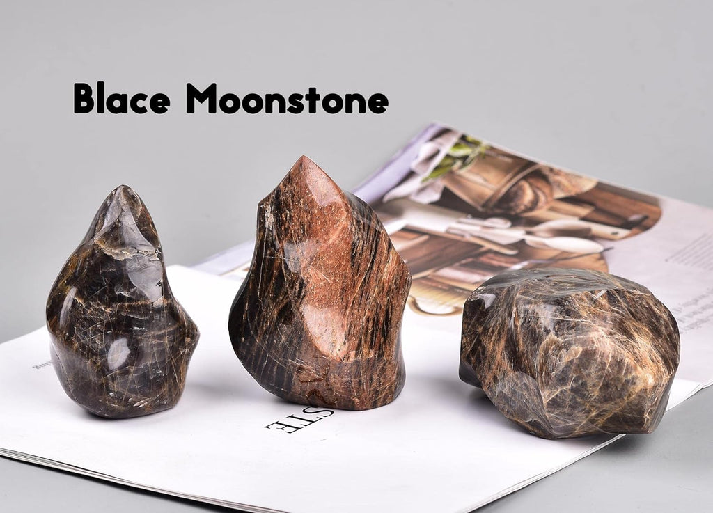 AMOYSTONE Black Moonstone Flame Shaped Towers Large Healing Crystal Stone Home Decor 0.6-1.0LBS