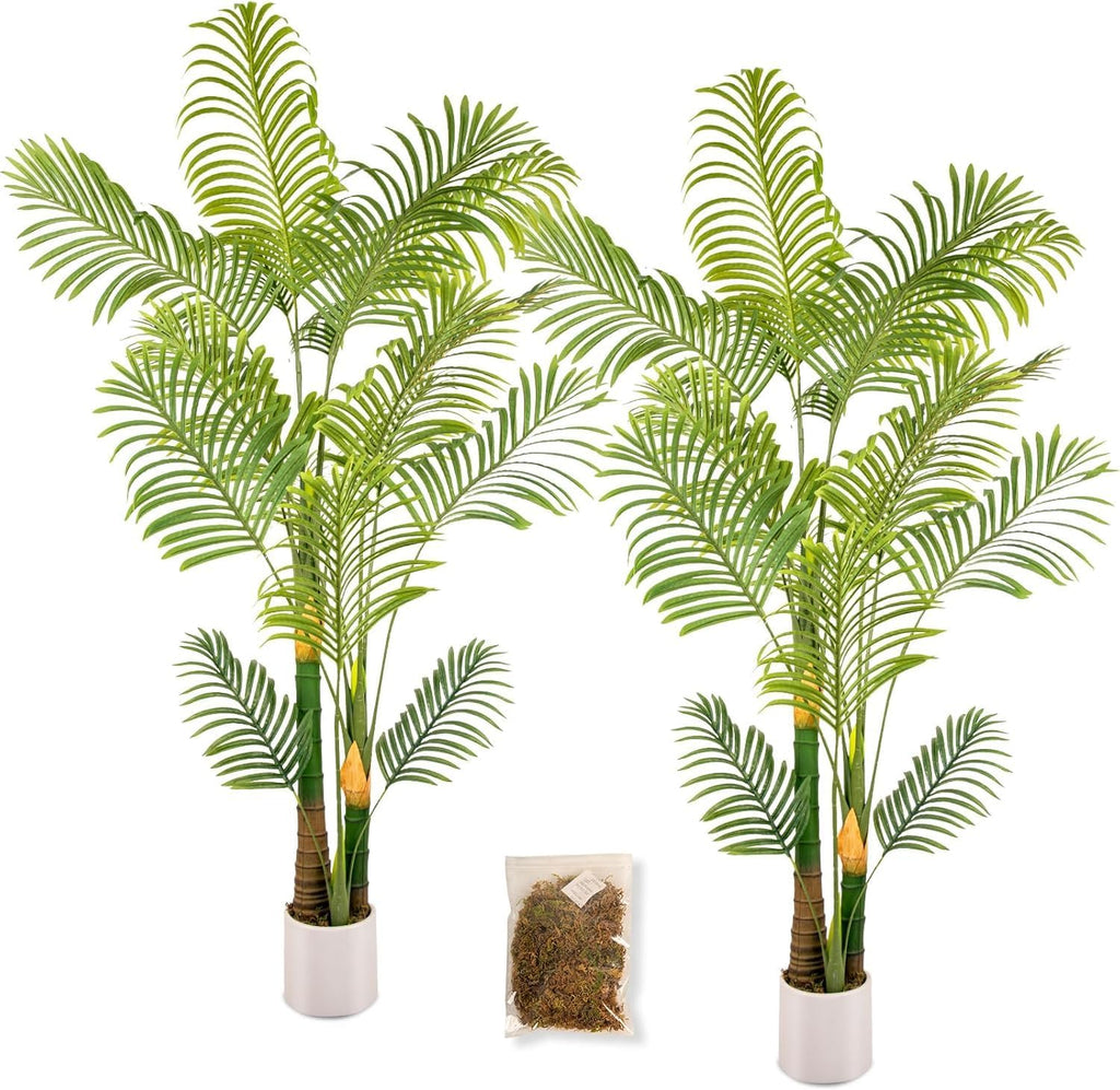 Artificial Fake Palm Tree 6FT 2Pack with White Planter & Free Moss, UV Resistant Artificial Palm Tree for Outdoors, Fake Plants for Poolside Home Room Decor, Faux Plants Outdoor Decor