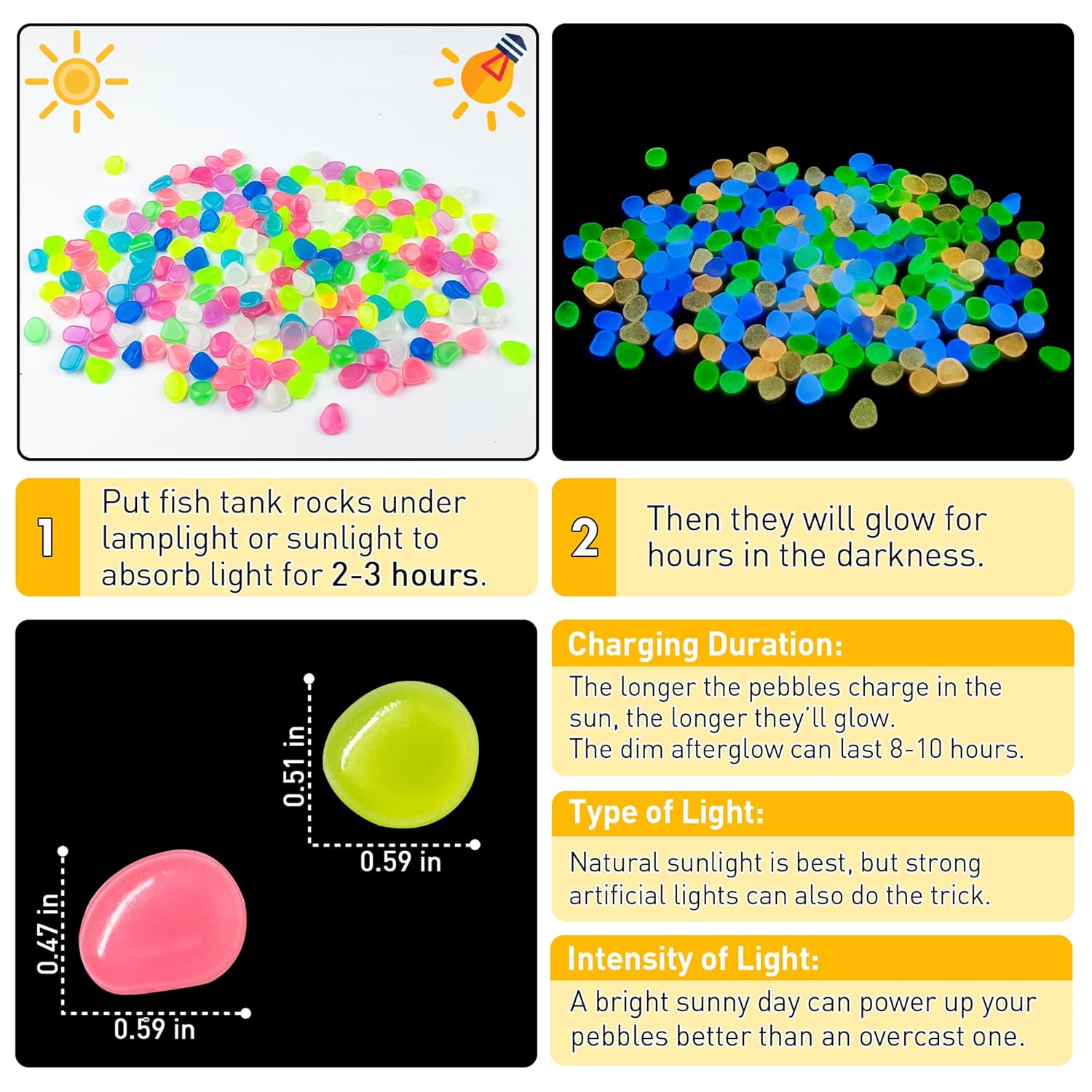 Glow in The Dark Rocks Outdoor Garden Pebbles Stones, 2.2Lbs Fish Tank Glow Rocks Resin Glowing Pebbles for Garden/Aquarium/Planter/Walkway/Driveway,Multi
