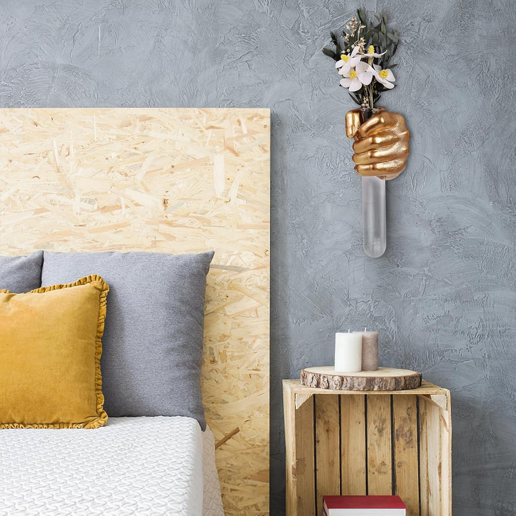 Gold Wall Sculptures, Hand Vases Home Decor, Wall Mount Art Sculpture, Unique Wall Art Statue, Funky Flower Vase Decorations, Modern Eclectic Hanging Decor,Glass Test Tube Vase