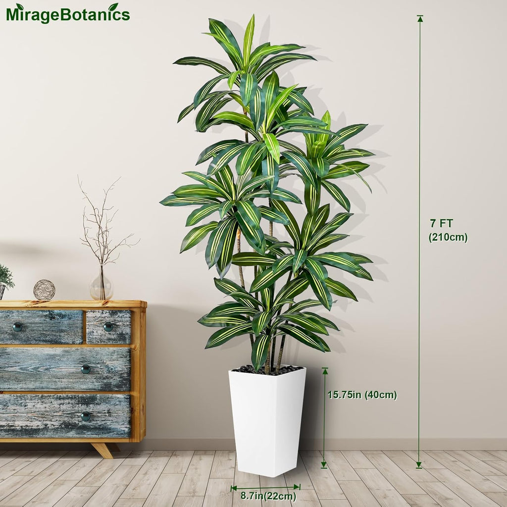 Artificial Dracaena Tree 7FT Tall Fake Plant with White Pot - Realistic Faux Dragon Tree with Tall Planter - Indoor Floor Plant for Home, Office,Mall, Living Room, Bedroom Decor (White - Planter, 7ft)