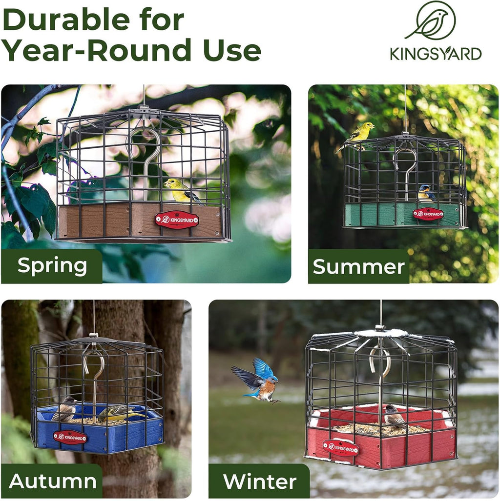 Kingsyard Squirrel Proof Platform Bird Feeders for Outdoor Hanging, Caged Bird Feeder for Small Wildbirds, Recycled Plastic Feeding Platform with Metal Seed Tray, Green