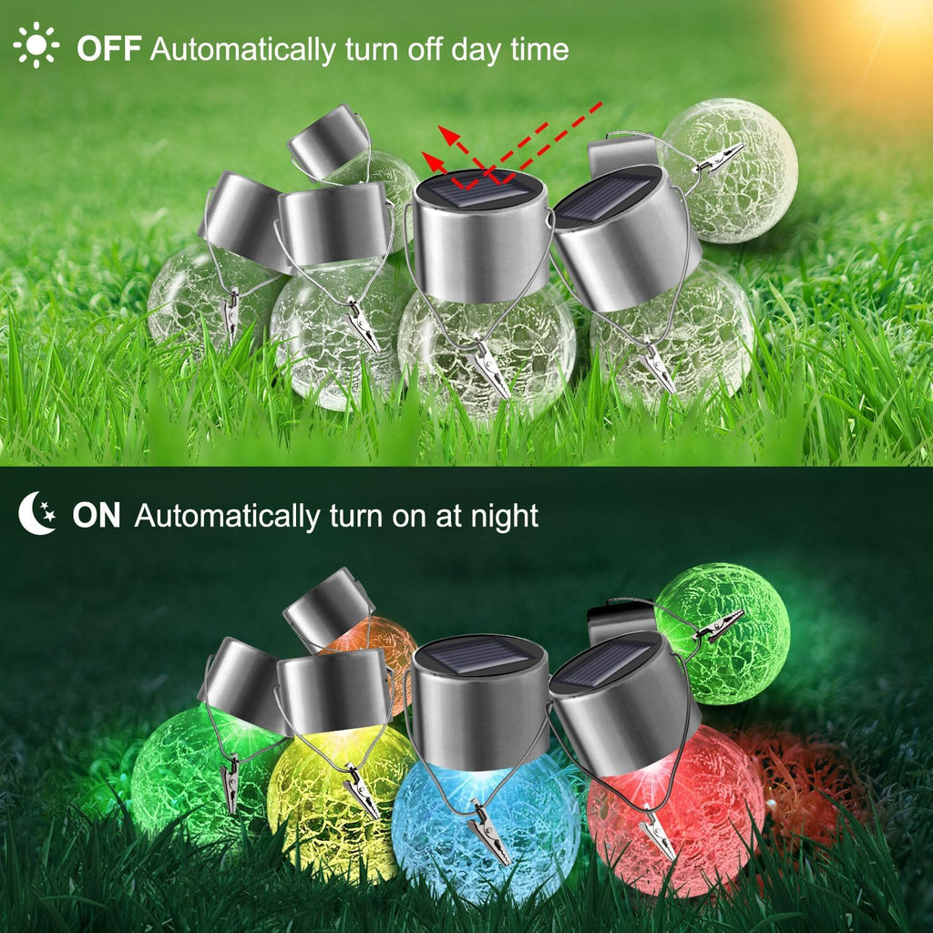 Solar Lights Outdoor Hanging Decorative Globe 8 Pack, Waterproof Solar Lantern with Handle and Clip, Solar Powered Glass Ball Lights for Garden Yard Fence Tree Umbrella Holiday Décor, Color Changing