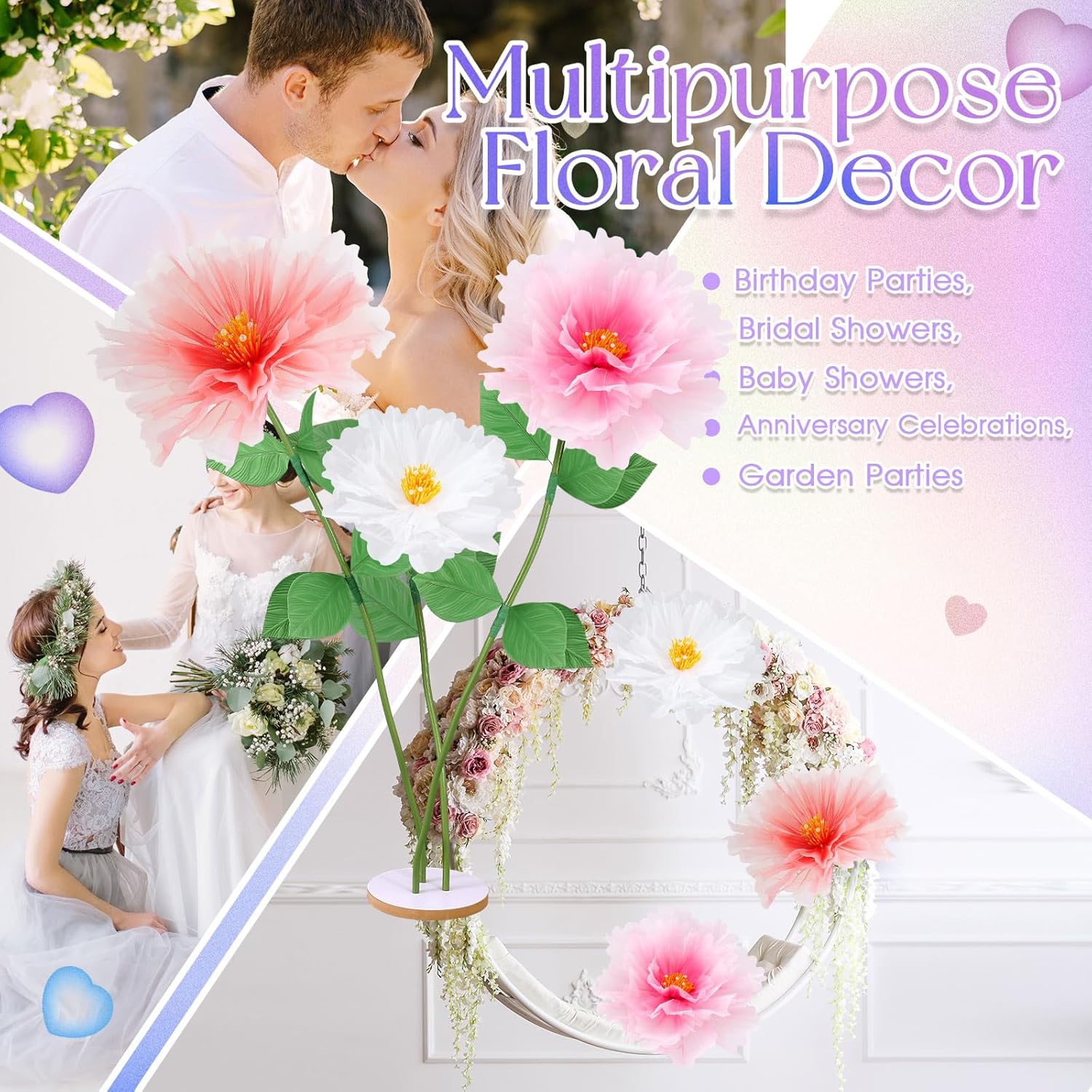 Havawish 3pcs 19.7in Giant Butterfly Flowers Decoration for Wedding Reception, Artificial Gauze Large Flower Butterflies Prop for Wedding Banquet Ceremony Church Party(Flowers)