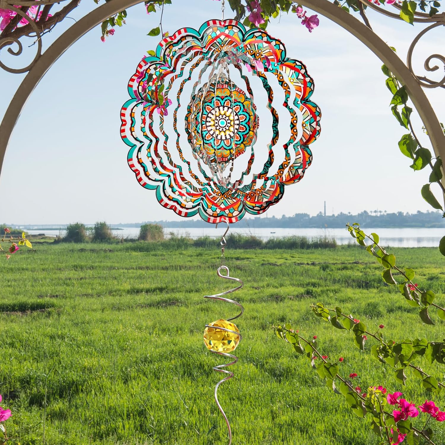 Mandala Wind Spinner - Lucky Star Design | 12-Inch Laser Cut Stainless Steel, Kinetic Hanging Wind Sculpture for Garden, Porch, Patio, Home | Outdoor 3D Metal Windcatcher & Yard Art