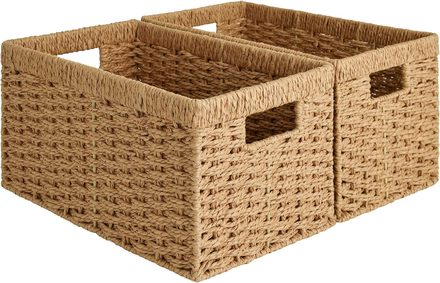StorageWorks Round Paper Rope Storage Baskets, Rectangular Wicker Baskets with Built-in Handles, Medium, 13 ¼ x 8 ½ x 7 ¼ inches, 2-Pack