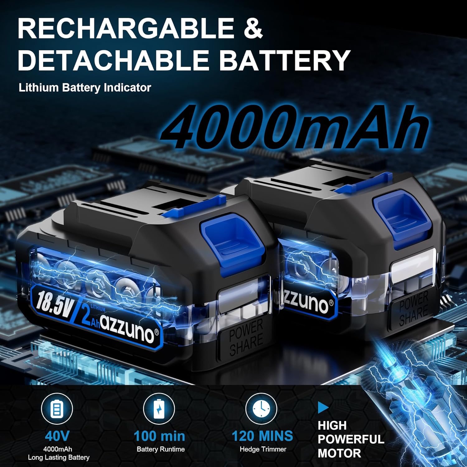 AZZUNO Cordless Hedge Trimmer, 2-in-1 Electric Grass Shears Shrubbery Trimmer with 2Ah Battery，Handheld Grass Cutter Shrub Trimmer for Gardens, Yards, Lawns, Including Charger(2 Batteries)