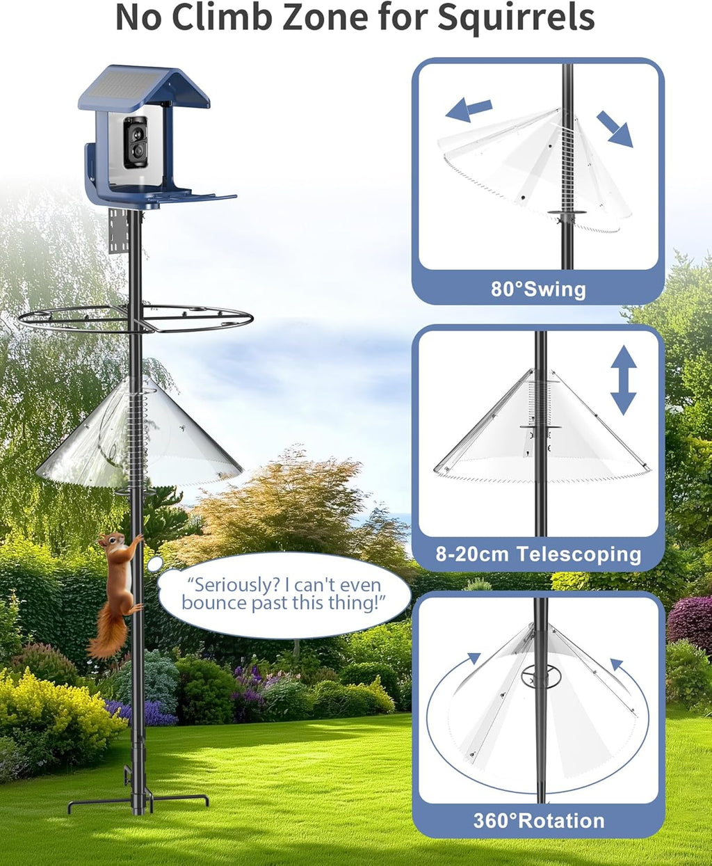 Bird Feeder Pole with Squirrel Baffle - 90 Inch Bird House Pole with Semicircular Hook for Outdoors, Squirrel Proof Baffle with Stainless Steel Spring for Better Defense, Slip-Fit Connection