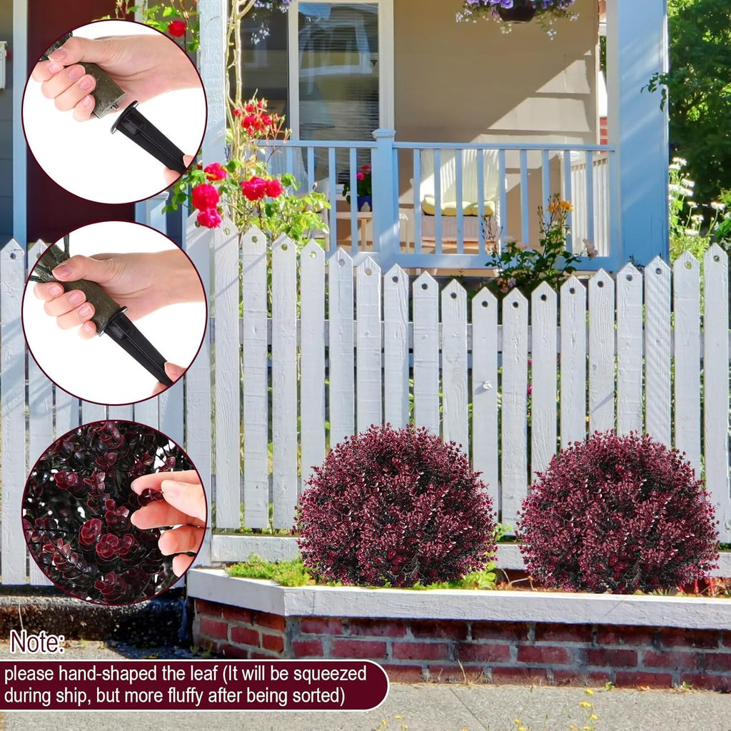 Yunlly 4 Pcs 18 Inch Artificial Boxwood Ball Topiary Tree Fake Outdoor Plants Bush, UV Resistance Faux Shrub with Spike Realistic Greenery Potted for Indoor Garden Yard Porch Patio Decor (Dark Purple)