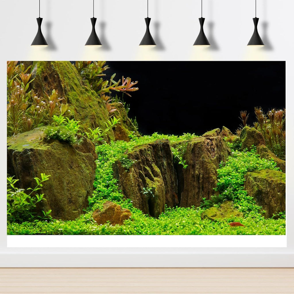 Aquarium Background Exquisite Underwater Grass with Moss Aquarium Backdrop Mysterious Stone Aquarium Background Durable Vivid and Fresh Leaves Background Tank Backdrop Decor Vinyl 72x16in