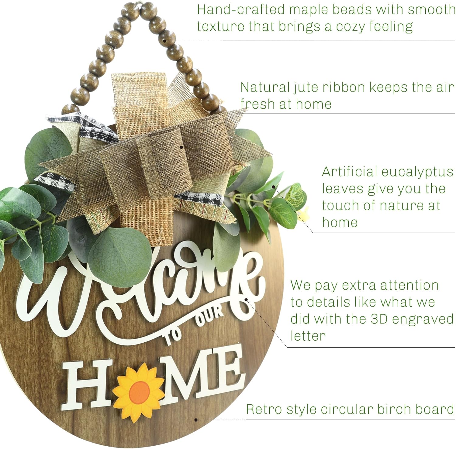 interchangeable 3D Welcome Sign for Front Door |Home/Farmhouse Porch Décor Wooden Hanging Sign with Artificial Leaves and Rustic Beads | Christmas Classroom |12" Round
