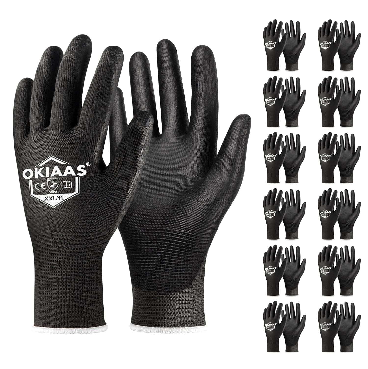 OKIAAS Work Gloves for Men，Ultra Thin and Lightweight Working Gloves with Grip, 12 Pairs Bulk Pack Construction Gloves with Polyurethane Coating for Light Duty Work (Black, XX-Large)