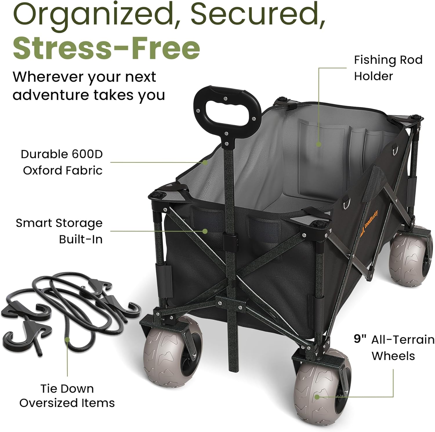 Beach Wagon with 9" Balloon Wheels & Fishing Rod Holders – Foldable Cart for Sand with Inflatable Tires, Bonus Pump & Spare – Heavy Duty Utility Wagon - Black/Black