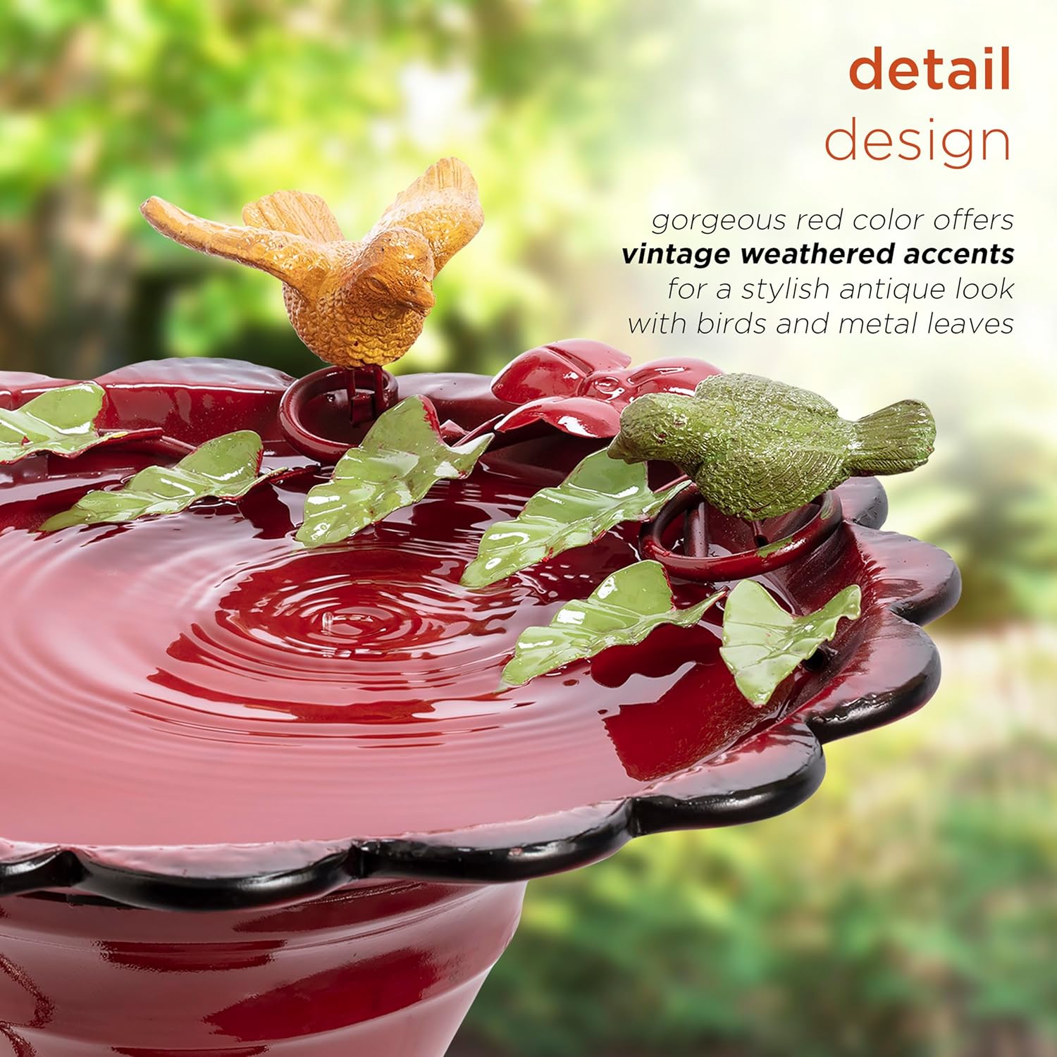 Alpine Corporation - 28" Tall Outdoor Metal Birdbath with Birds and Leaves Yard Statue Decoration, Red – Stunning Garden Accent to Attract Birds - Durable Construction for Patio, Deck, or Yard