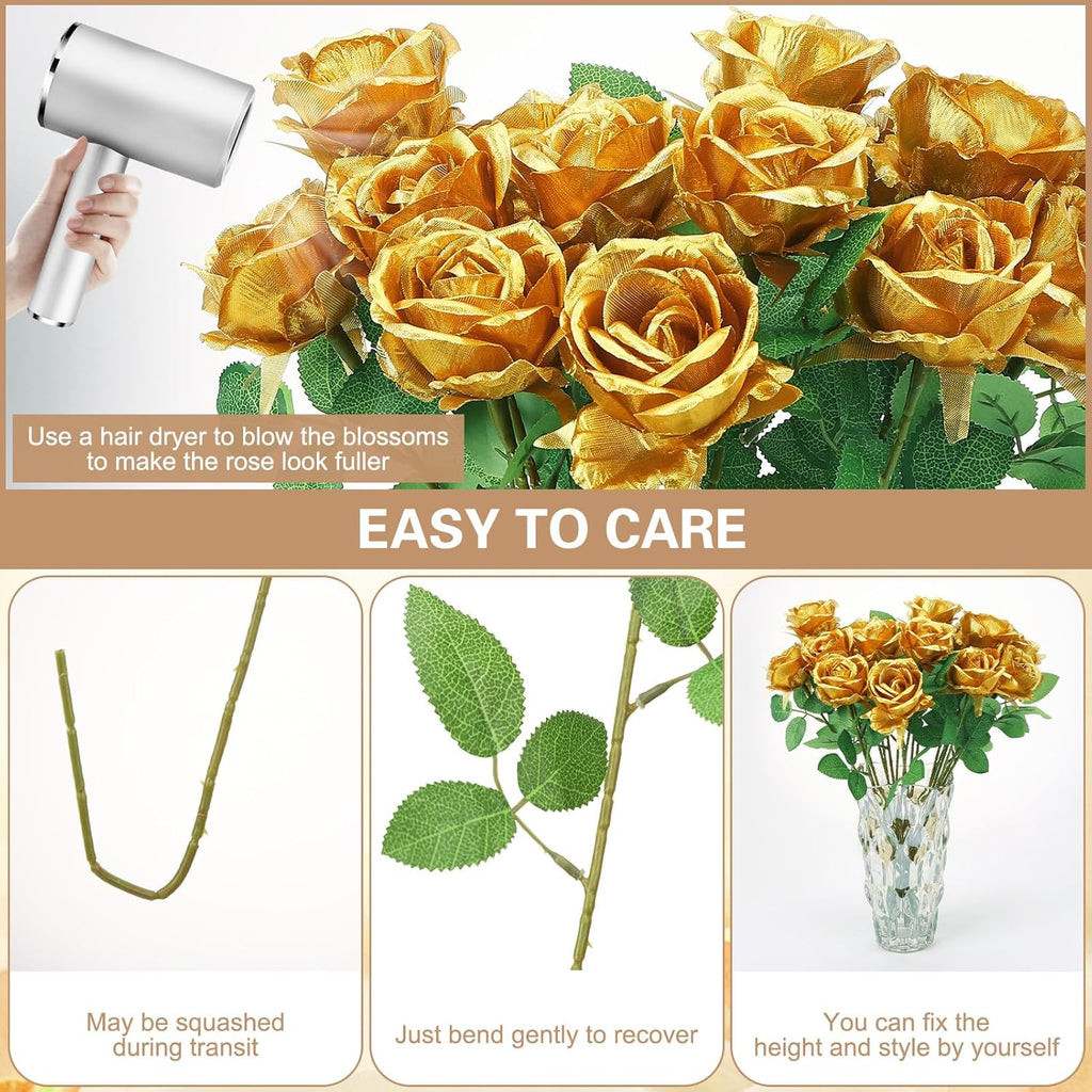 36 Pcs Gold Artificial Roses with Long Stems, Fake Silk Rose Artificial Flowers Bulk for Bridal Wedding Bouquet Centerpiece Ball Arrangement Party Decor