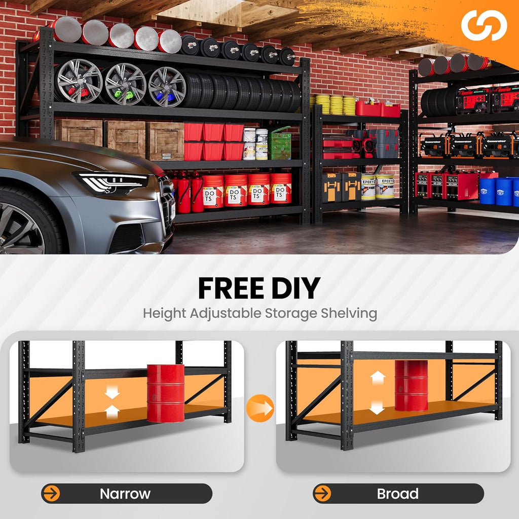 75” W Heavy Duty Metal Shelf, 8000LBS Metal Garage Shelving Units, 4 Tier Storage rack shelves, Steel Industrial Shelving , Adjustable Standing Shelf for Basement/Warehouse 75"W x 24"D x 70"H, Black