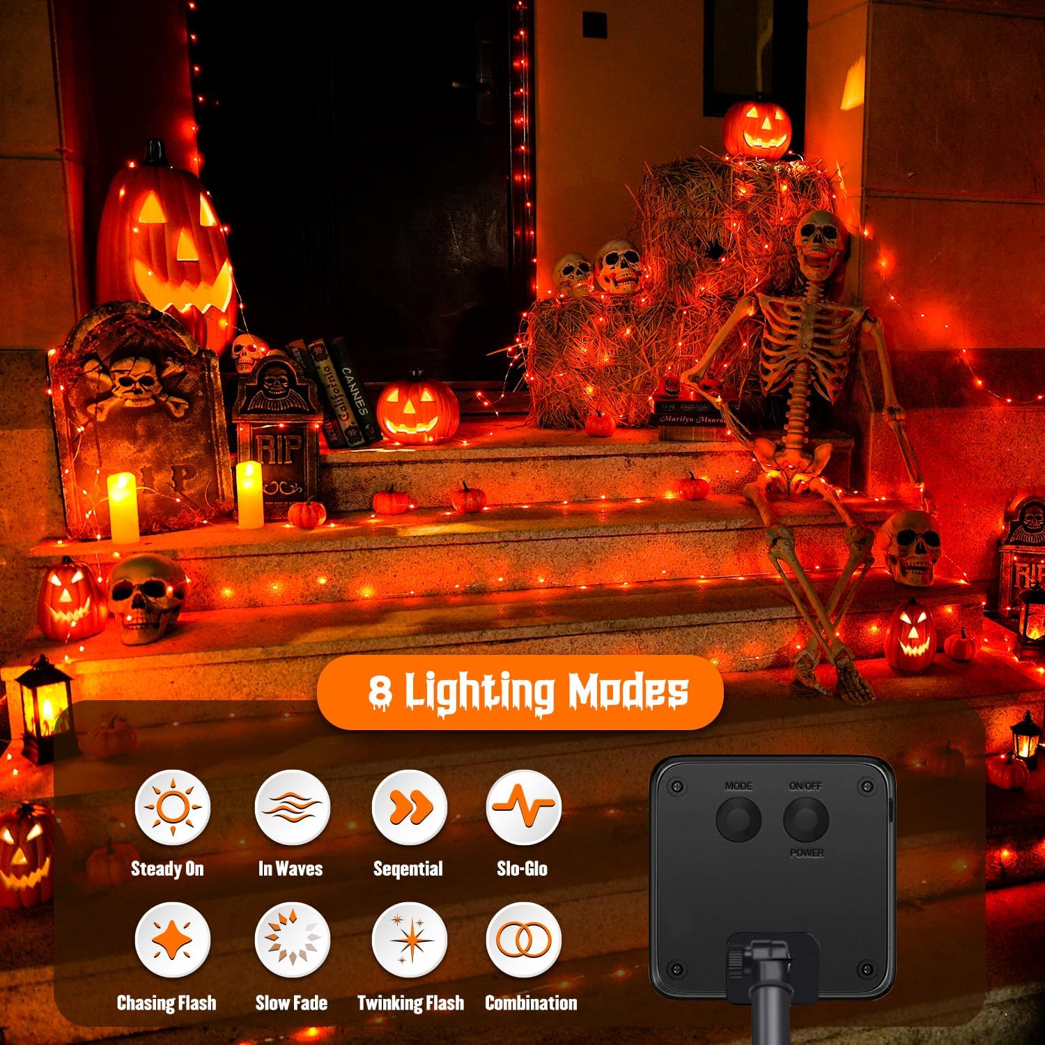 JMEXSUSS 2 Pack Solar Halloween Lights, 33ft 100 LED Orange Halloween Lights Outdoor, Waterproof Solar Fairy String Light for Tree Yard Patio Garden Thanksgiving Decorations