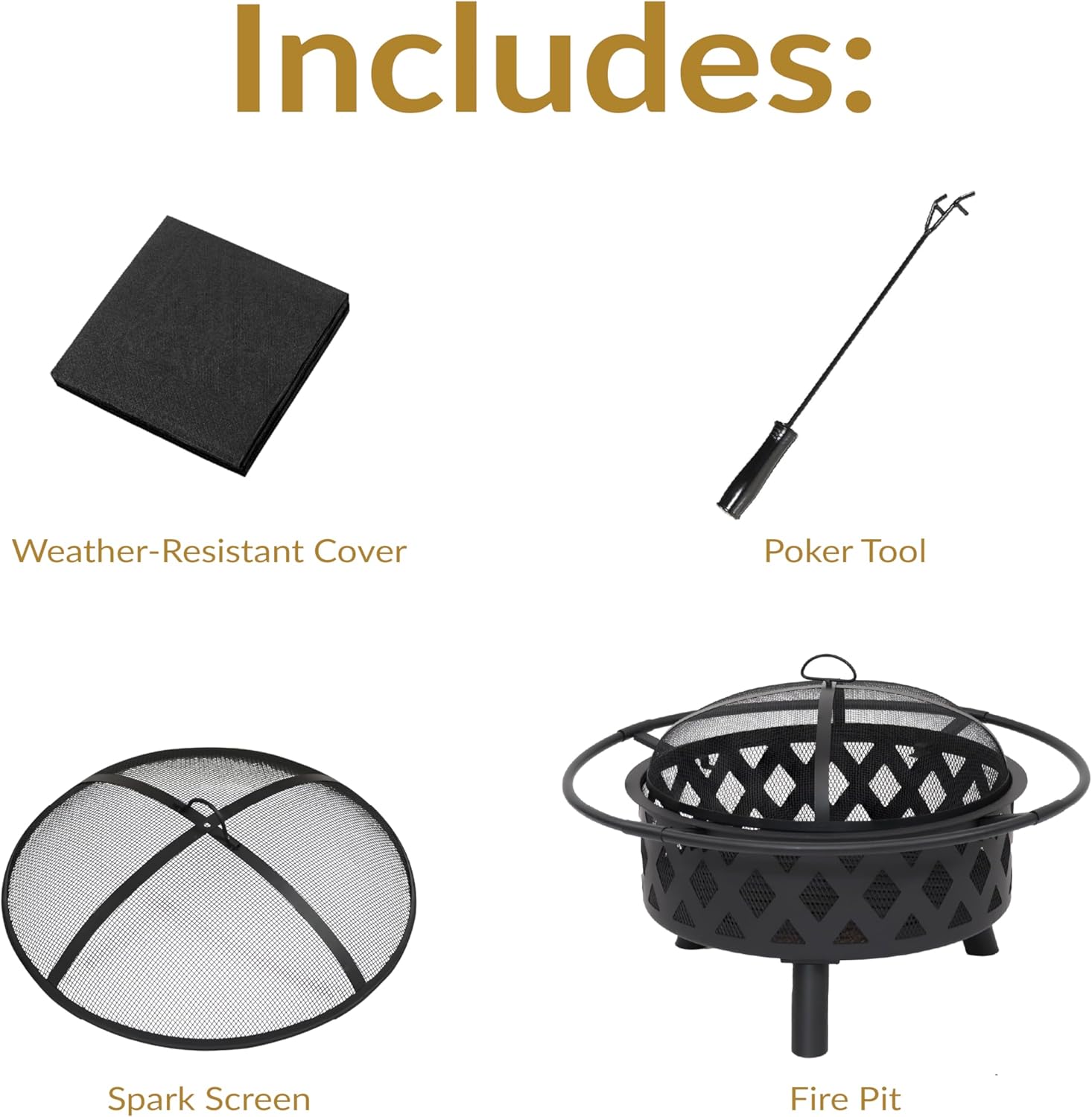 Sunnydaze Crossweave Outdoor Fire Pit - Wood-Burning Fire Pit for Outside with Spark Screen, Poker and Round Cover - 30-Inch - Black