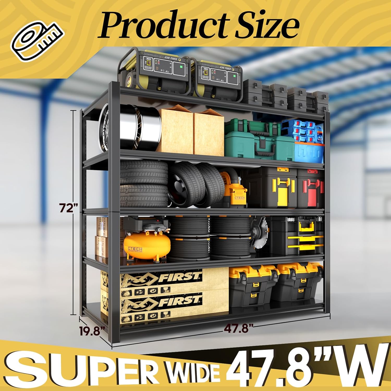 47.8" W Heavy Duty Garage Shelving 3000LBS Storage Shelves, Adjustable 5-Tier Storage Rack, Metal Shelves for Garage/Warehouse/Basement, 47.8" W x 19.8" D x 72" H, Black