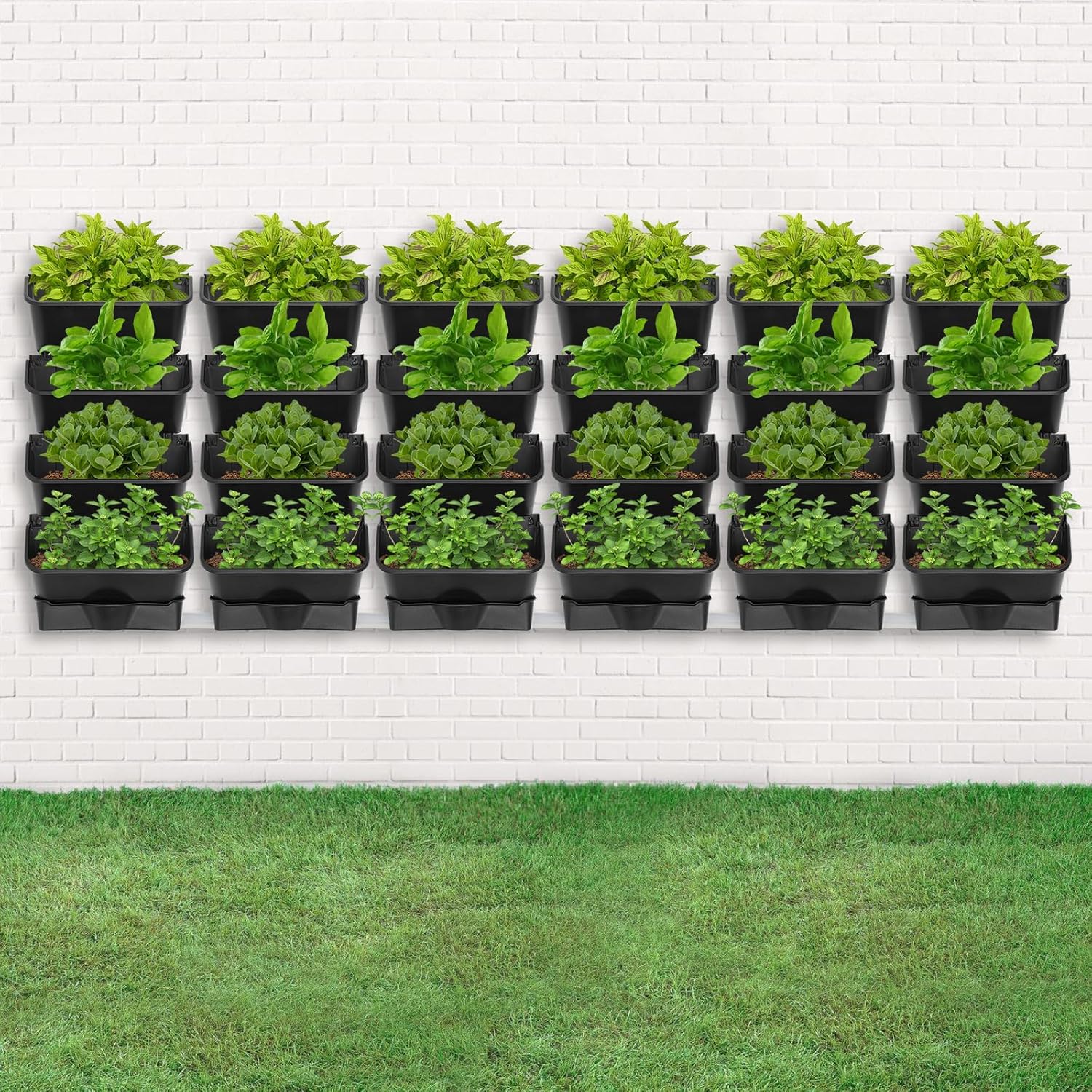 Vertical Wall Planter with 24 Pots, Hanging Garden Plant Flowerpot Holder, Stackable Wall-Mounted Planter, Balcony Planters for Flowers Vegetables Fruits (Black, 24 Pots+6 Drainage Planters&Pipe)