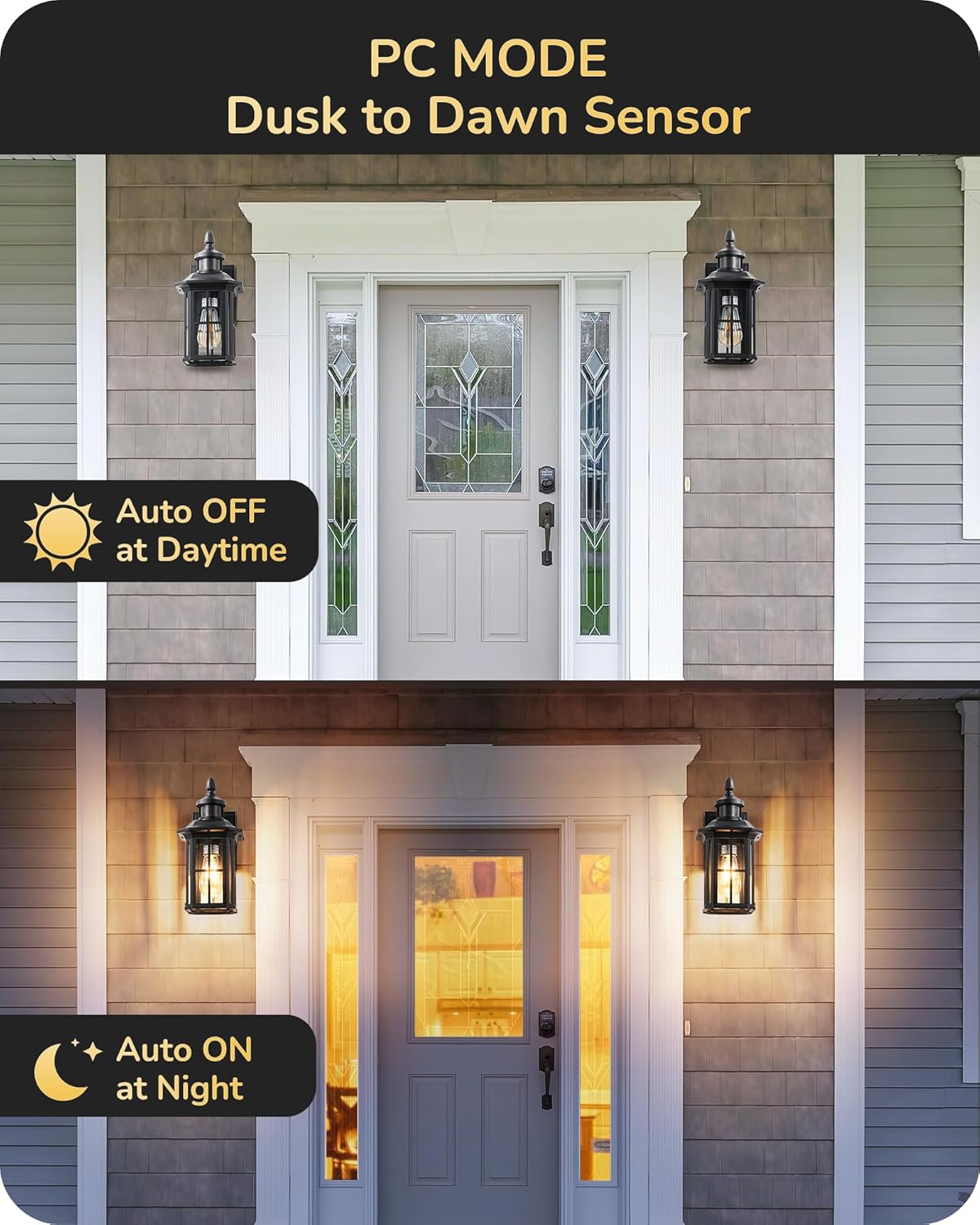 EDISHINE Motion Sensor Outdoor Wall Light, Dusk to Dawn Front Porch Light Fixture, Outdoor Wall Sconce with Clear Glass, Black Exterior Wall Lantern for Door, Garage, Patio, House