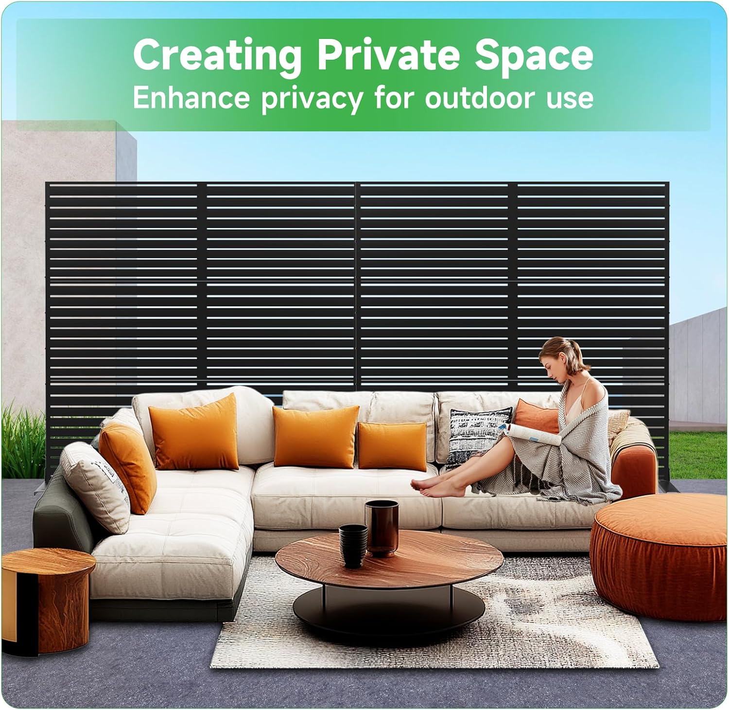 Metal Privacy Screen 72" H x 47.2" Decorative Outdoor Privacy Screen Privacy Panel with Stand for Balcony Deck Patio Lawn Garden, Privacy Fence (Black-Louvered)