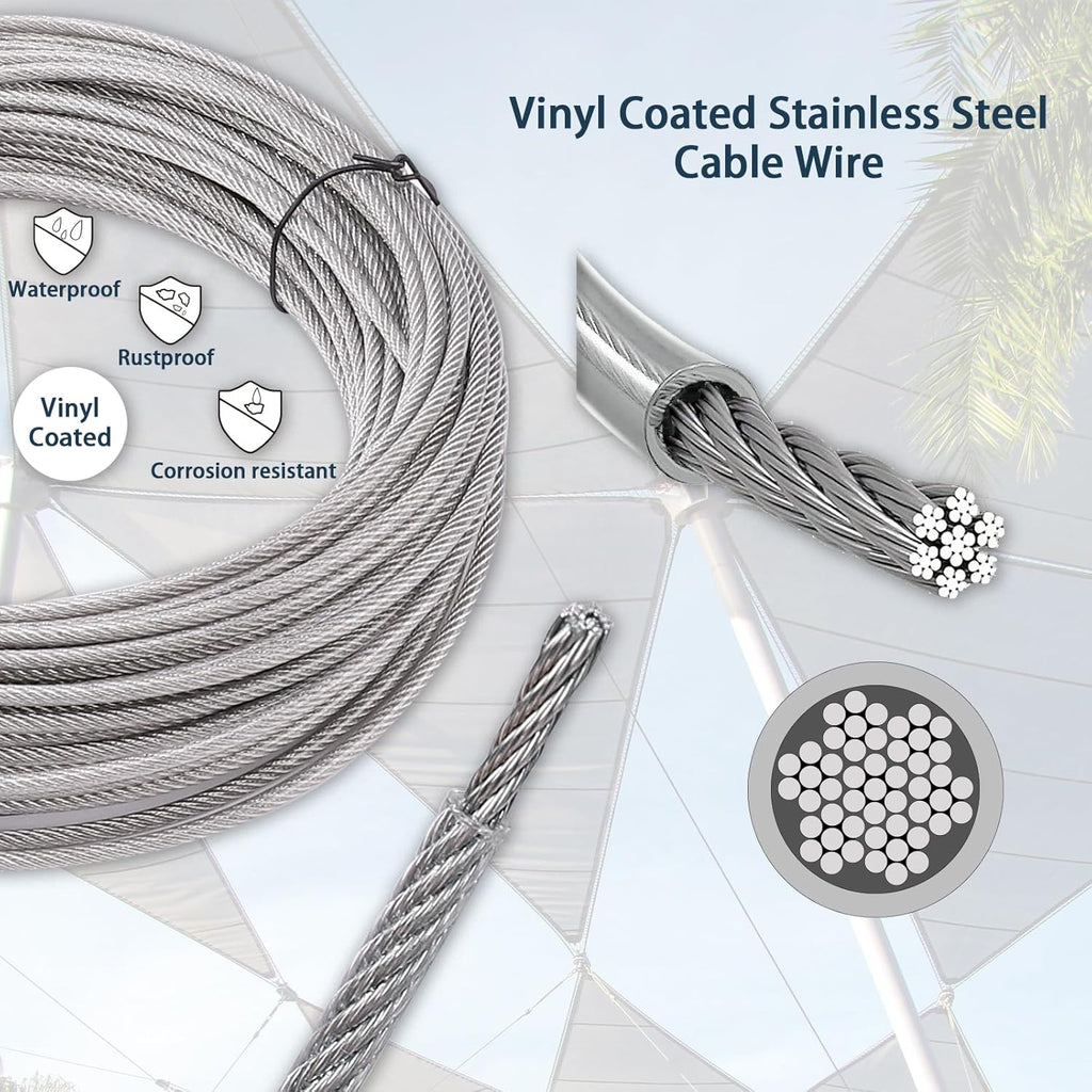 Shade Sail Hardware Kit 6 inch with 65.5FT 1/8" Wire Rope Kit for Triangle Rectangle Sun Shade Sail Outdoor Installation turnbuckles for Cables Wire for Outdoor,Garden,Kitchen,Craft,123PCS