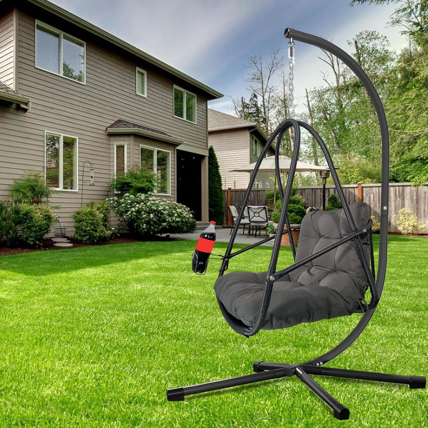 JESE Swing Egg Chair with Stand Foldable Frame Hanging Chairs for Indoor Outside,with UV Resistant Waterproof Cushion and Cup Holder,Swing Hammock Chairs for Patio,Bedroom,Balcony, Garden,350LBS,Black