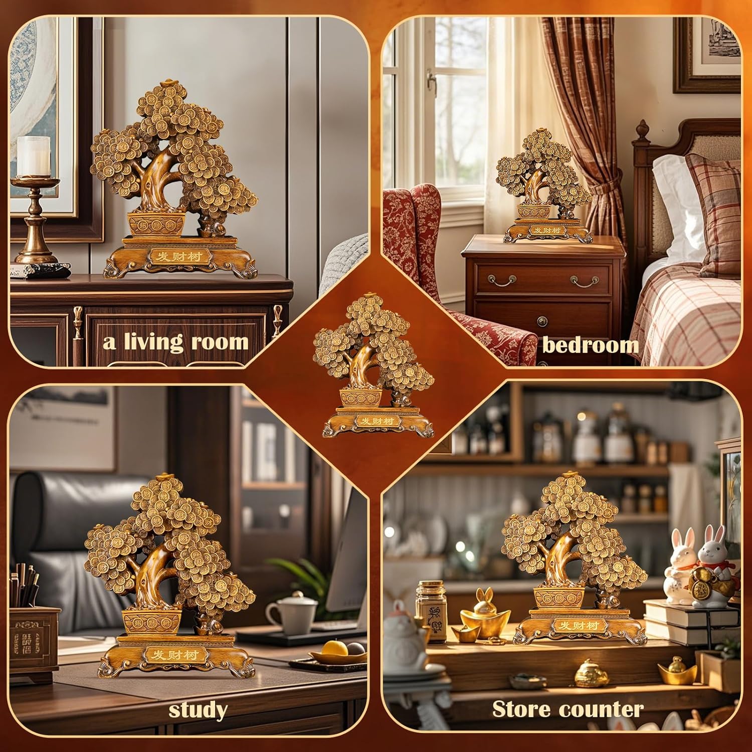 FENGSHUI-CAISHEN Top Resin Money Tree, Artificial Bonsai Tree, Handcrafted, Premium Quality, Feng Shui Gift for Abundance Luck and Success (Brown)