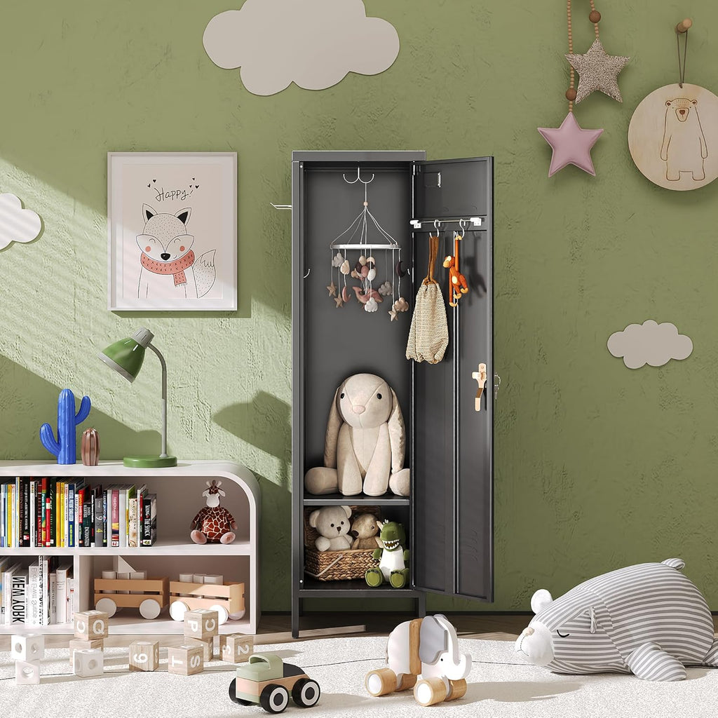 METAN Metal Storage Lockers with 1 Door and 1 Adjustable Shelf,55''H*15''W*15''D Steel Lockers with Hooks for School,Home,Office,Gym,Assembly Required,Black