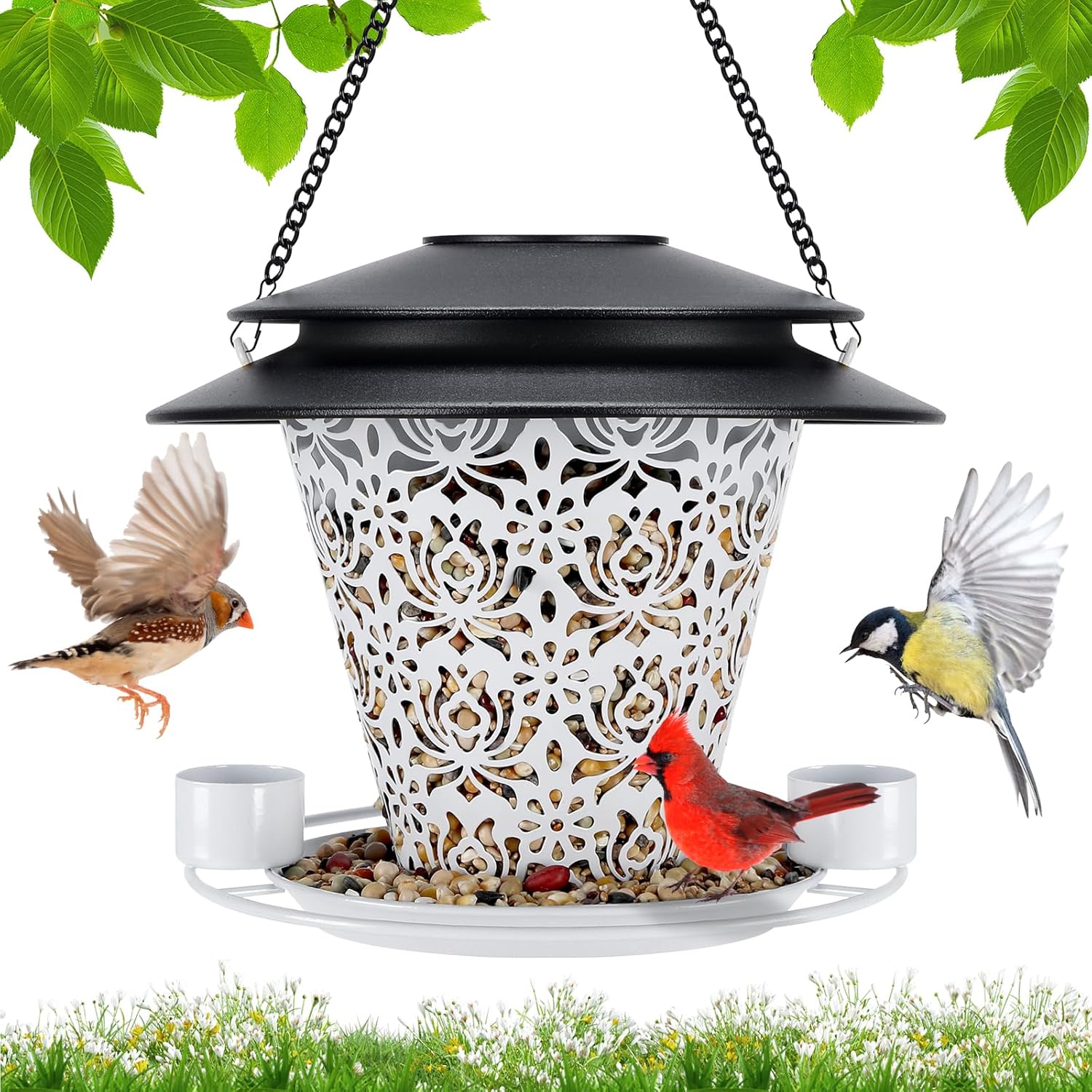 Solar Bird Feeders for Outside Hanging Metal Wild Bird Feeder Solar Lanterns Outdoor Waterproof Garden Decor for Yard White
