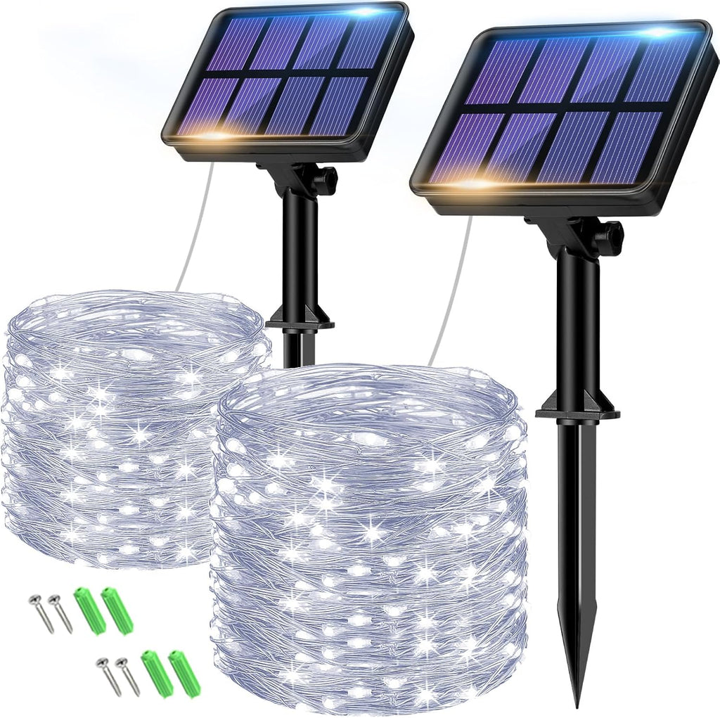 2-Pack Solar String Lights Outdoor, 160LED 66FT Solar Fairy Lights Waterproof 8 Modes Copper Wire Solar Powered Twinkle Lights for Outside Garden Patio Tree Christmas Wedding Party Decor (Cool White)