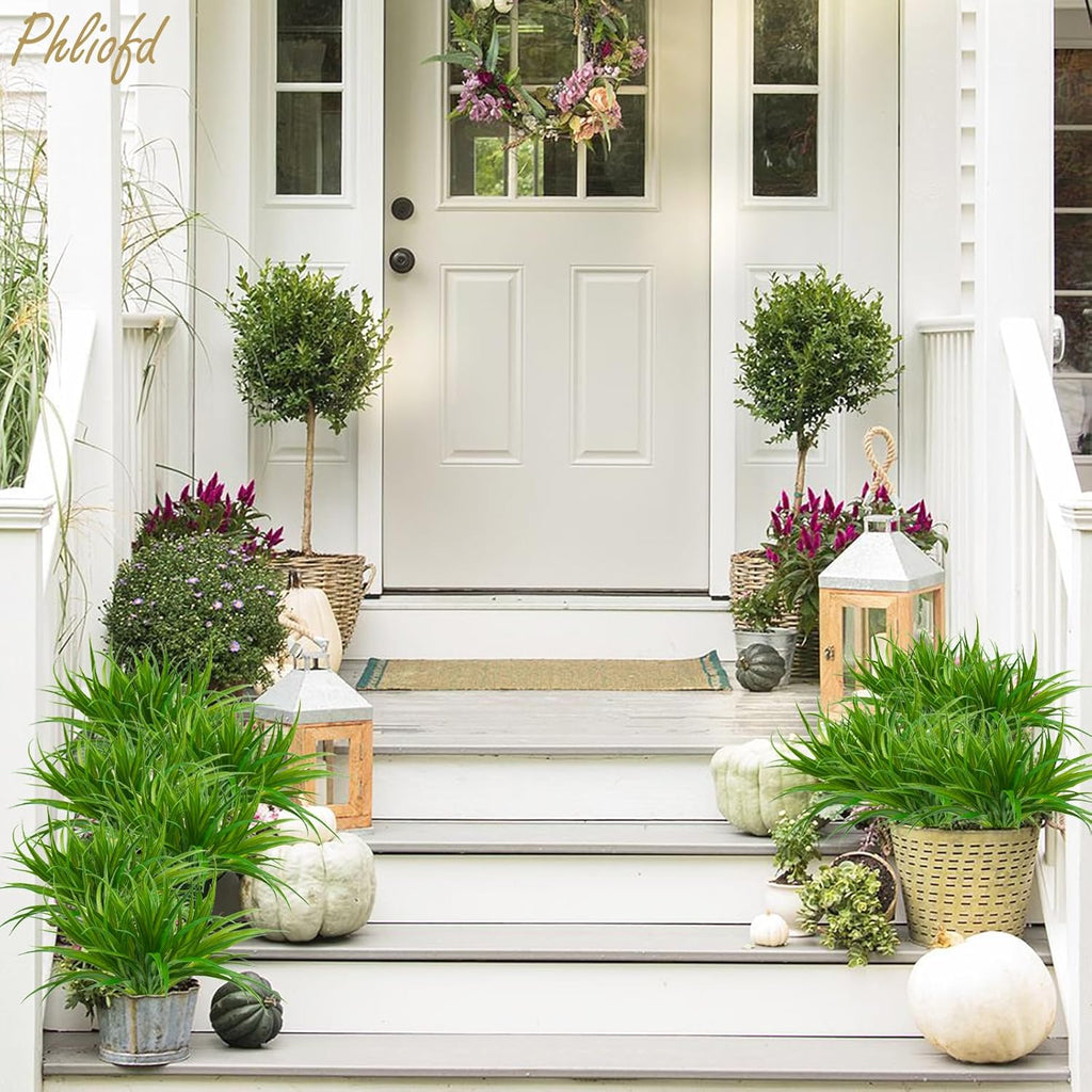 16Pcs Artificial Grass Fake Plants 17.3in 16 Leaves Outdoor Fake Grass UV Resistant Greenery Plastic Plants for Home Window Garden Patio Hanging Planter Pathway Front Porch Décor Green