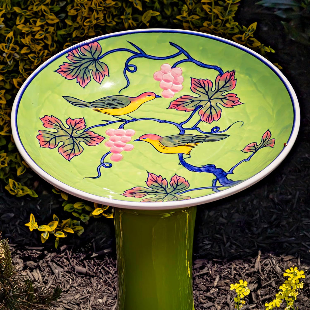 Zaer Ltd. Porcelain Birdbath with Hand Painted Details (24" Tall, Birds & Grapes)