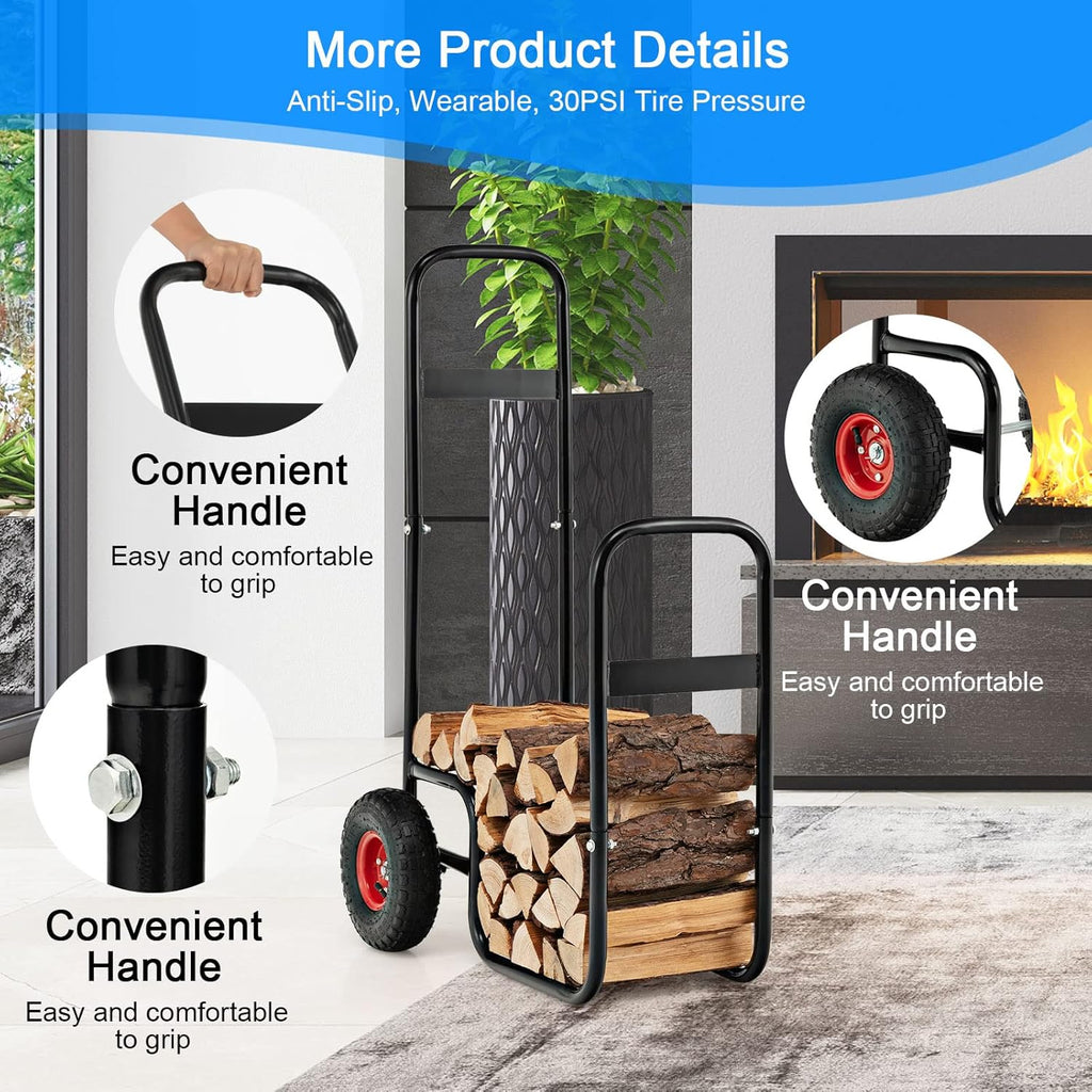 S AFSTAR Firewood Cart with Wheels, Heavy-Duty Steel Wood Log Carts w/Shockproof Wheels & Portable Handle, 3.6ft/44“H Rolling Firewood Log Carrier, Wood Storage Rack Mover, 220 lbs Weight Capacity
