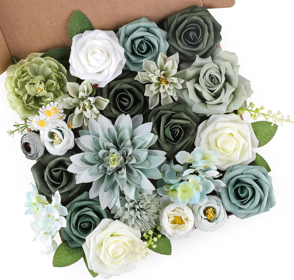 AGIRL Artificial Flowers Combo Silk Mix Green Fake Flower with Stems for DIY Wedding Bouquets Centerpieces Arrangements Table Chair Decor Baby Shower Home Decor (Sage Green)