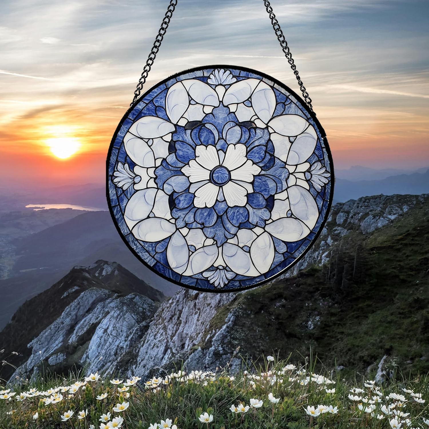 Stained Glass Window Hanging - Blue White Floral Pattern Suncatcher for Doors Garden Retro Sun Catchers Decor Christmas Mother's Day Birthday Gifts for Women Men Mom Nana Friend Girl 7.8 in