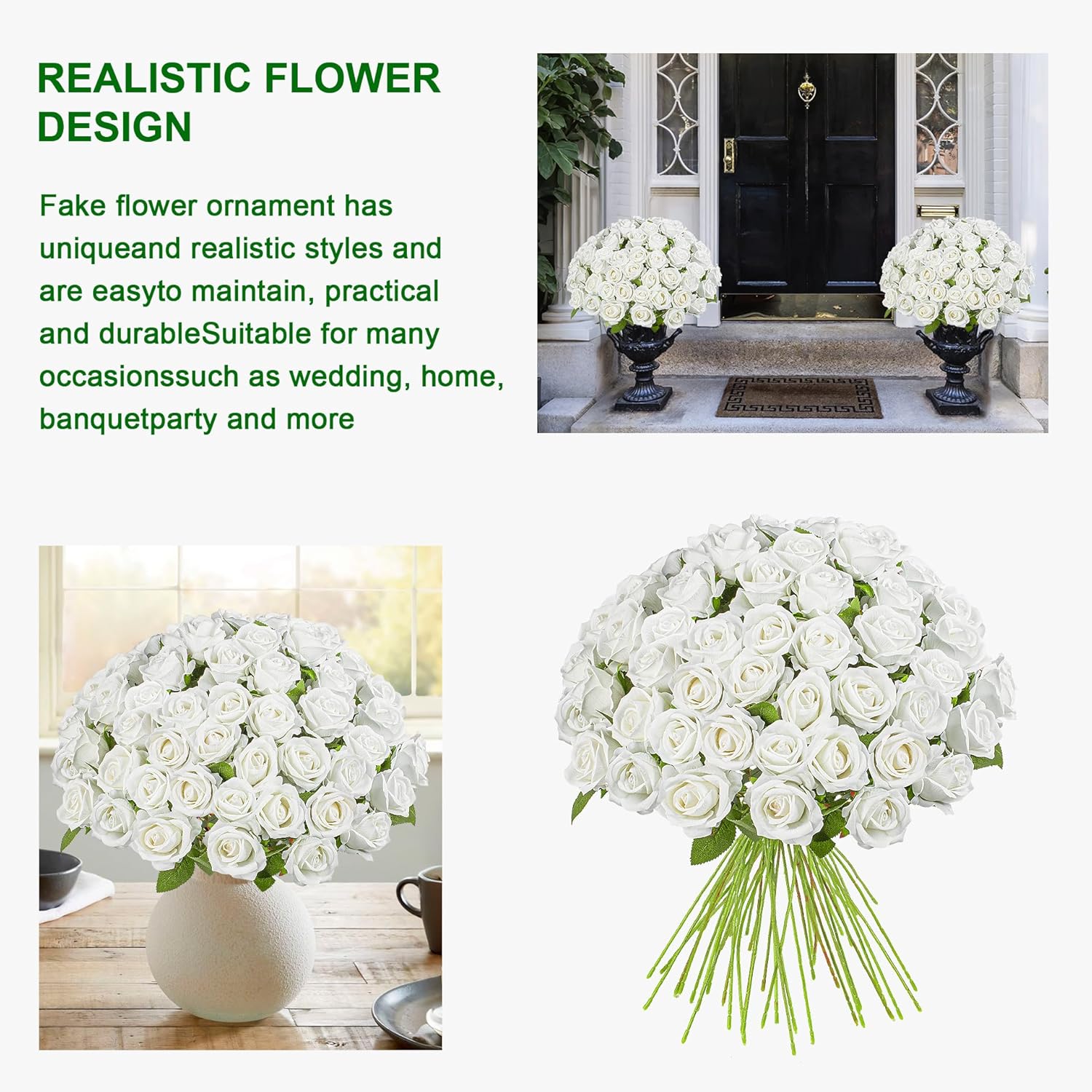 Fake Plants Roses Flowers Plastic Flowers Spring Decorations for Home Gifts for Gf Roses Artificial Flowers for Vase Fake Flowers Home Decor 19.6”(50PCS White)
