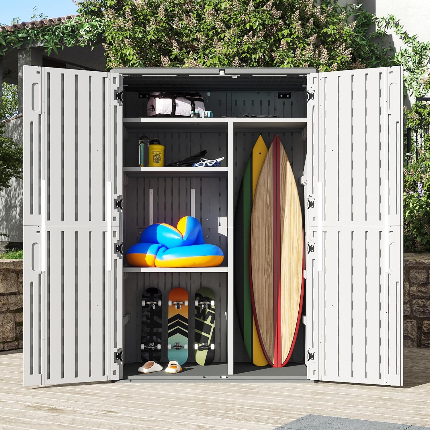 Aoxun 64 Cu.Ft Outdoor Storage Shed with Shelving Kit and Floor, Waterproof Horizontal Resin Cabinet for Trash Cans, Lawn Mowers, Generators, and Garden Tools