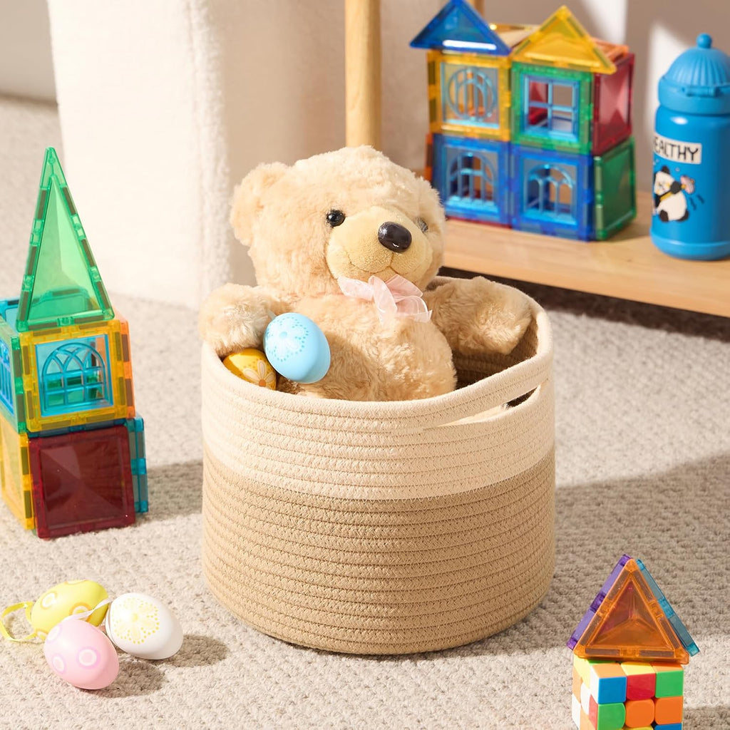 Small Basket for Organizing | Cube Shelf Closet Storage Baskets | 9.7×9.7×7.1” | Woven Rope Gift Basket | Nursery | Round 3 Packs Tan