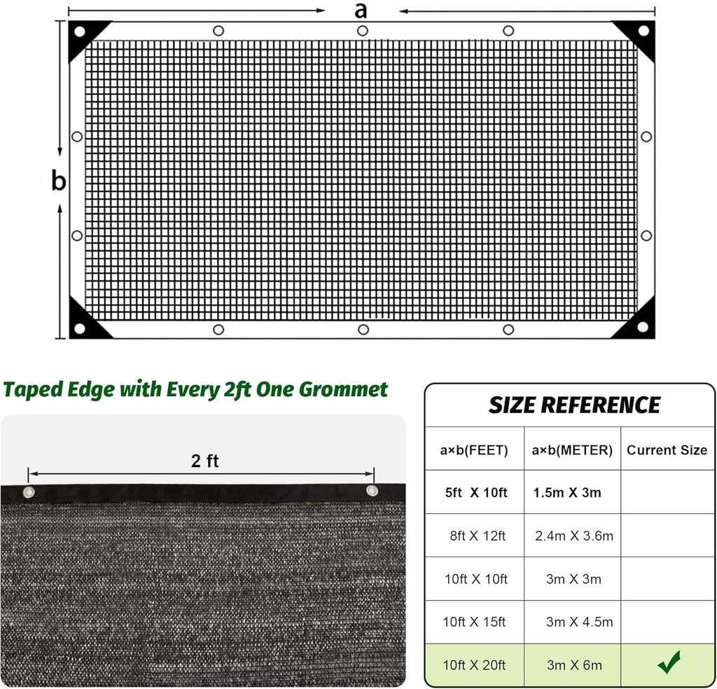 Garden expert 75% Black Shade Cloth 10x20FT Taped Edge with Grommets Sun Net Mesh for Garden Patio Backyard UV-Resistant