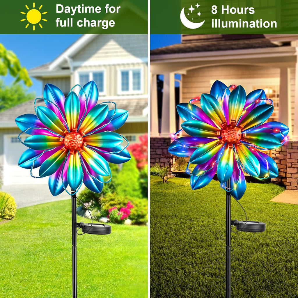 Flower Solar Wind Spinners- Metal Colorful Spinning Windmill Garden Ligths with LED Outdoor Decorative Stake Lighting Waterproof Flower Sculpture for Patio Yard