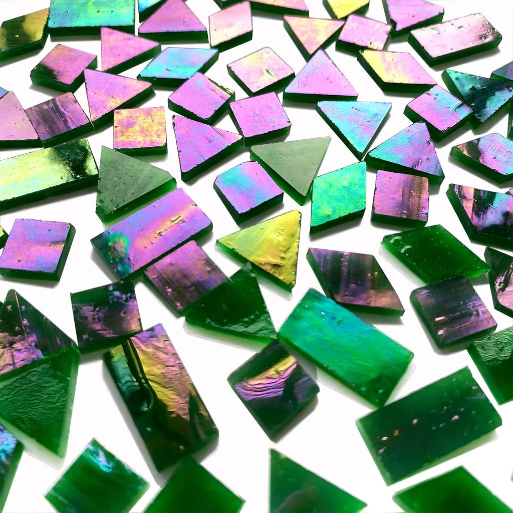 Iridescent Green Mosaic Tiles for Crafts, 280 Pieces Mixed 4 Shapes Stained Glass Sheets, Stained Glass Supplies for Mosaic Projects