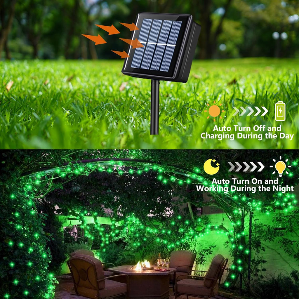 YEGUO Green Halloween Lights Outdoor Waterproof，4 Pack Each 33ft 100 LED Solar Fairy Lights, 8 Modes String Light for Outside