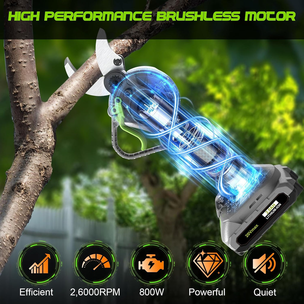2 In 1 Pole Pruning Shears Cordless (2025 Upgraded), Electric Pruning Shears with LCD Display, 30mm Cutting Diameter Pole Pruners for Tree Trimming, with 2 Pack 2.0Ah Batteries and Goggles