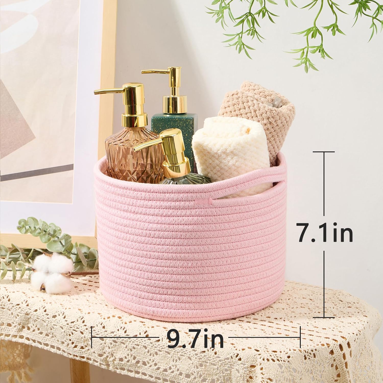 Small Basket for Organizing | Cube Shelf Closet Storage Baskets | 9.7×9.7×7.1” | Woven Rope Gift Basket | Nursery | Round 3 Packs Light Pink